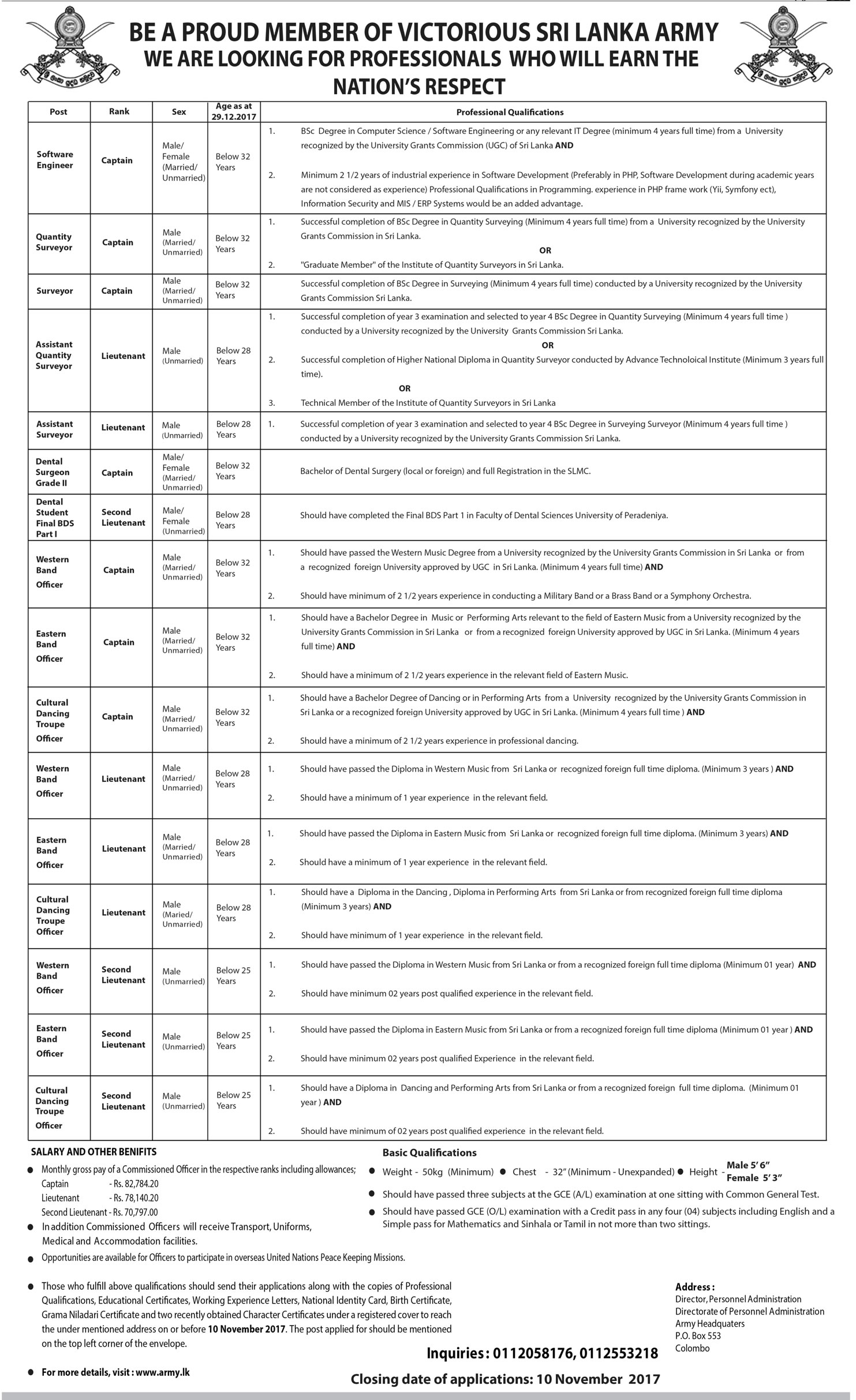 Software Engineer, Quantity Surveyor, Surveyor, Dental Surgeon, Western Band Officer, Eastern Band Officer & more Vacancies - Sri Lanka Army